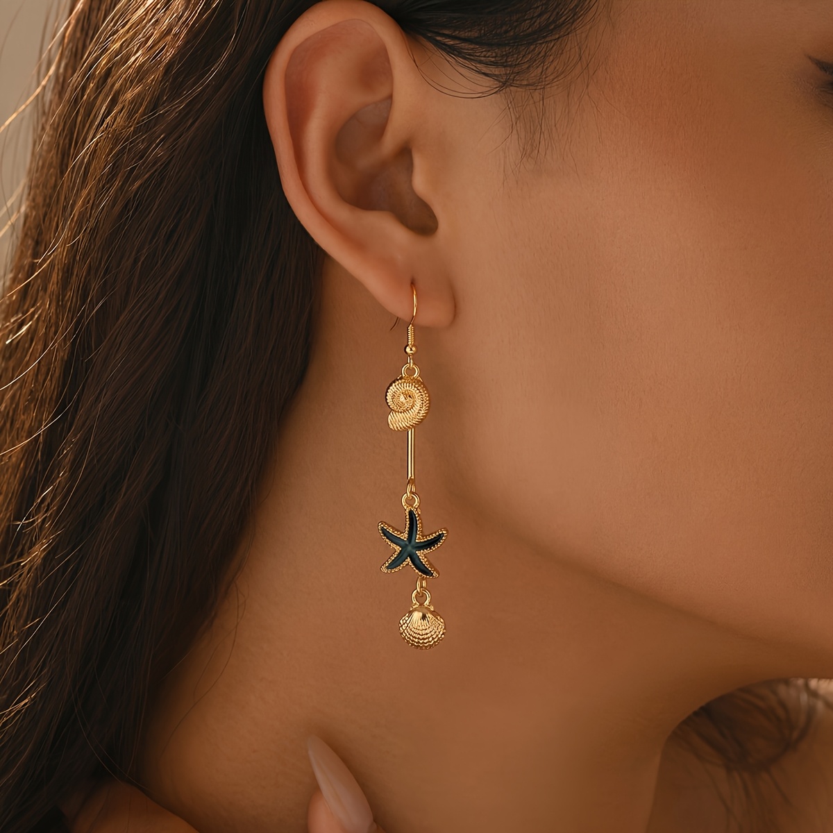 Women's Stylish Summer Drop Earrings, Starfish and Seashell Design